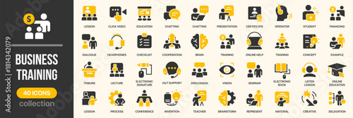 Business training fill icon collection. Set of education, learning, seminar, teacher, brainstorming, checklist, and cooperation icons. Created in colored style with yellow and black palette