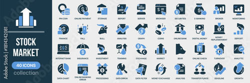 Stock market fill icon collection. Includes trade, chart, statistics, growth, risk, analysis, and exchange icons. Created in colored style with blue palette