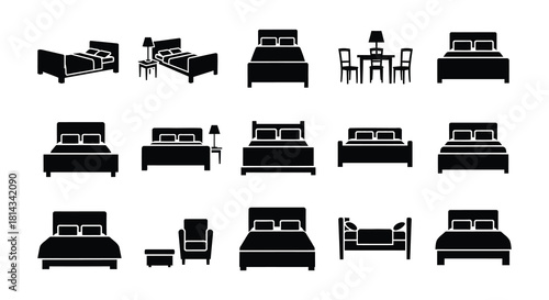 Black silhouette icons depicting various bed and furniture arrangements