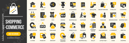 Shopping and e-commerce fill icon collection. Includes cart, purchase, delivery, store, discount, and product icons. Created in colored style with yellow palette