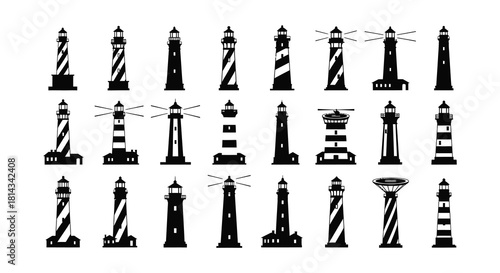 Collection of diverse lighthouse designs in black and white illustration