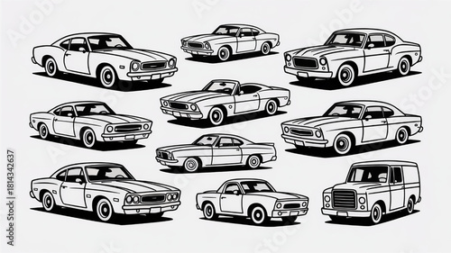 Collection of vintage car illustrations classic automobile vector set in line art style isolated on white background