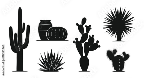 Silhouette collection of various desert cacti and agave plants in black