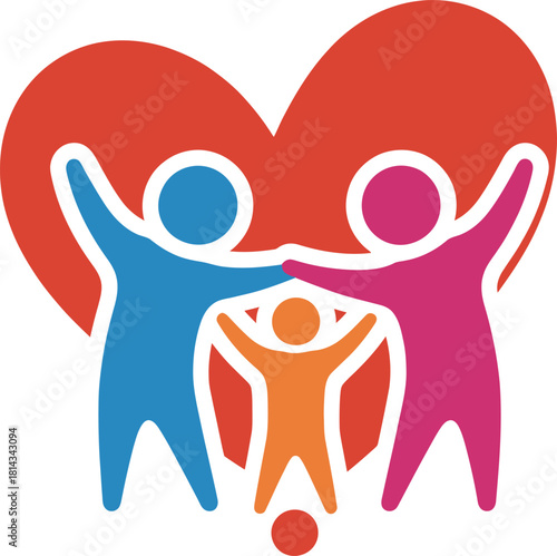 Stylized family unity with raised arms inside a large heart symbol