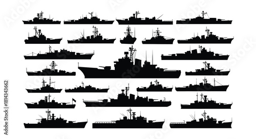 Silhouettes of various naval warships and military vessels in a dark tone