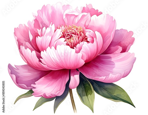 Exquisite close-up illustration of a blooming pink peony flower on white background