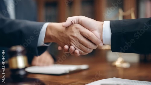 Businessmen Shaking Hands in Office with Gavel and Scales of Justice, Symbolizing Legal Agreement or Partnership