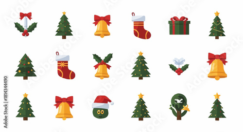 Festive christmas icons featuring christmas trees bells stockings and gift box in a flat vector style