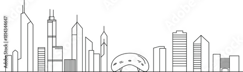 Chicago skyline vector illustration, cityscape line art, urban architecture, famous landmarks, Cloud Gate, minimalist black and white drawing, modern city design