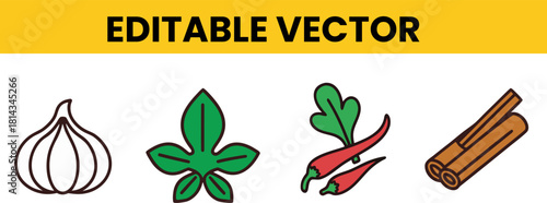 Editable Vector Icon Set of Spices and Food Ingredients: Line Art Graphics Featuring Garlic, a Green Leaf, Chili Peppers, and a Cinnamon Stick in Simple Colored Outline Style