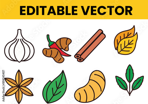 Editable Vector Icon Set of Common Culinary Spices and Herbs: Featuring Garlic, Turmeric, Chili, Cinnamon, Star Anise, Mint, and Bay Leaves in a Flat Line Art Style
