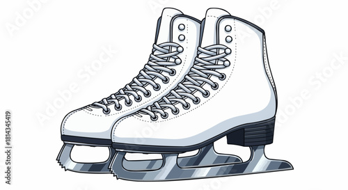 Illustration of a pair of white figure skates with silver blades and neatly tied gray laces shown
