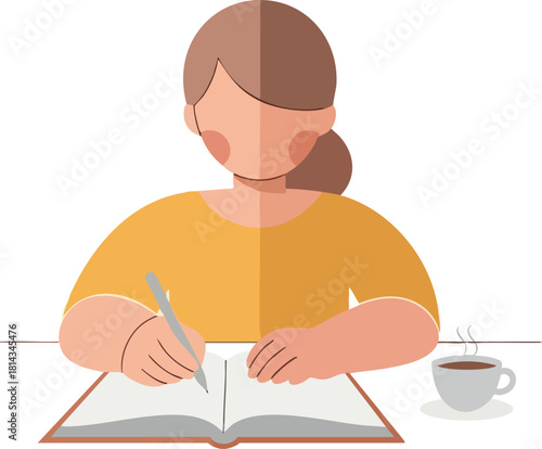 Woman writing in a notebook with a pen and a cup of coffee.