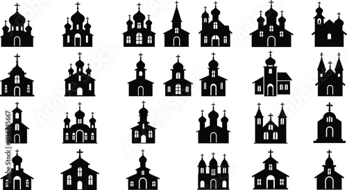 Church icons grid vector, 25 church silhouettes, diverse ecclesiastical architecture styles, steeples domes crosses windows, religious building icons set, minimalist black symbols