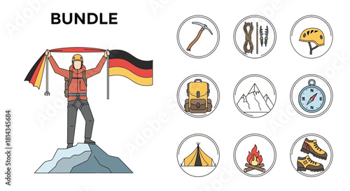 Vector illustration bundle of a woman riding a bicycle with city buildings and various cycling-related icons.