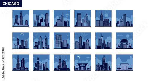 Vector illustration bundle of a woman riding a bicycle with city buildings and various cycling-related icons.