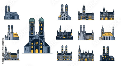 Vector illustration bundle of a woman riding a bicycle with city buildings and various cycling-related icons.