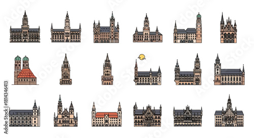 Pixel art collection of various European city hall buildings, showcasing architectural diversity and historical significance.