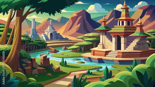 A photorealistic landscape capturing unique stone structures, forest pathways, and the tranquil natural environment of Udon Thani’s historical park