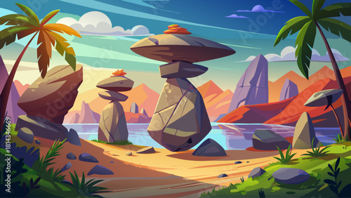 A detailed natural scene highlighting massive balanced rocks, archaeological ambiance, and peaceful tropical surroundings