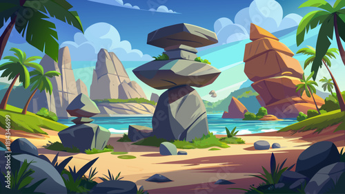 A detailed natural scene highlighting massive balanced rocks, archaeological ambiance, and peaceful tropical surroundings
