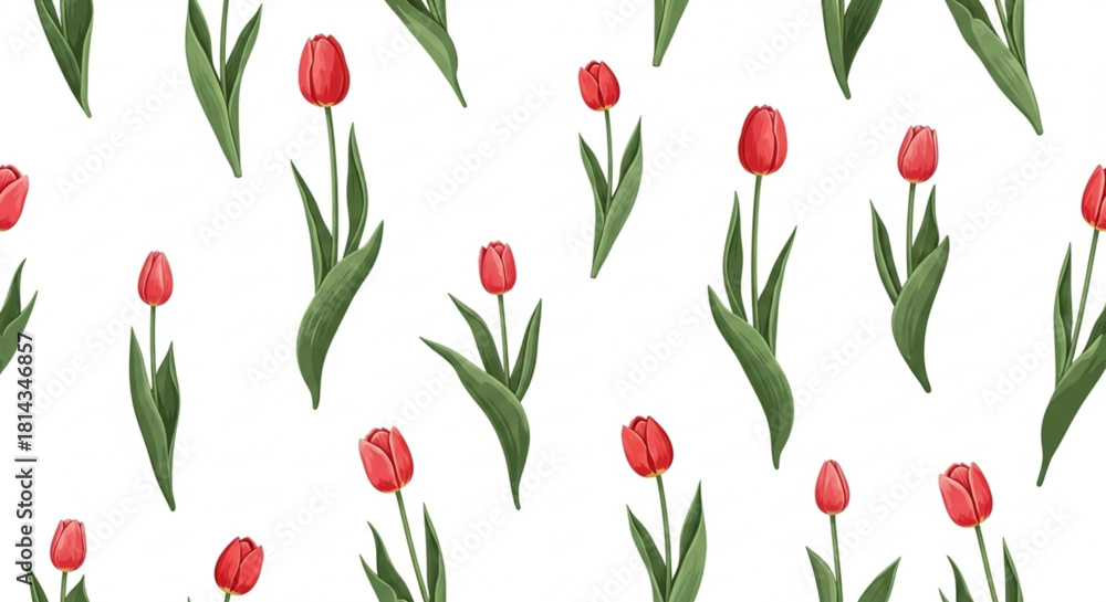 Obraz premium Elegant floral pattern featuring vibrant red tulips for spring designs and cheerful backgrounds, ideal for invitations, textiles, and uplifting projects