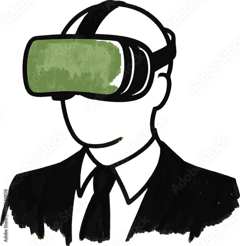''Vector illustration of a person in a suit wearing a virtual reality headset with a green screen for future tech experiences''