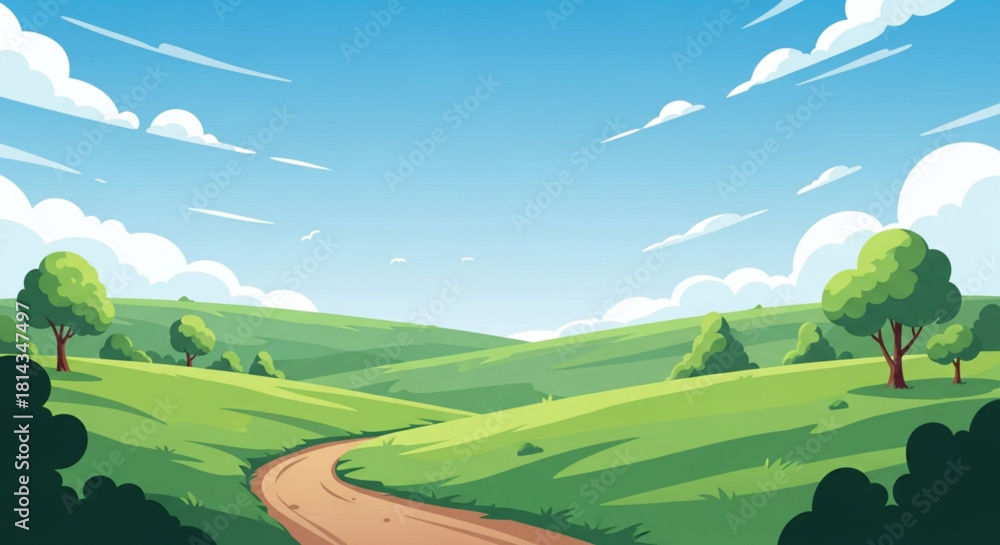 Obraz premium Serene green fields and blue sky beckon exploration and adventure, offering a peaceful escape into nature's beauty, perfect for travel and outdoor themes