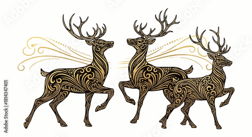 Three ornate deer with large antlers prancing with golden flourish designs on a white background