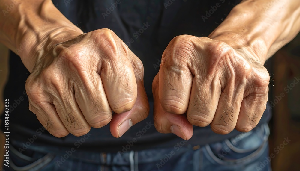 Fototapeta premium Close-up of clenched fists, showing detailed skin and veins, hinting at strength or tension. Dark top and denim jeans