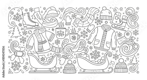 Delightful winter coloring page with hand-drawn sleds, snowflakes, warm clothes, and hot drinks for creative holiday fun and festive activity projects