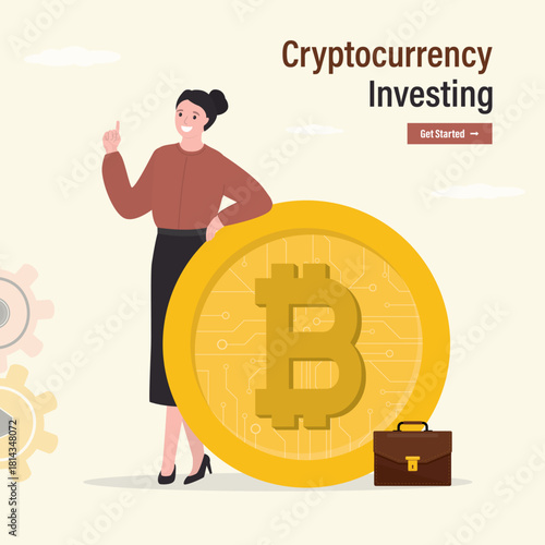 Confident businesswoman trader holding bitcoin. Successful investing in cryptocurrency. Smart investor with profit from bitcoin trading. Blockchain technology. landing page.