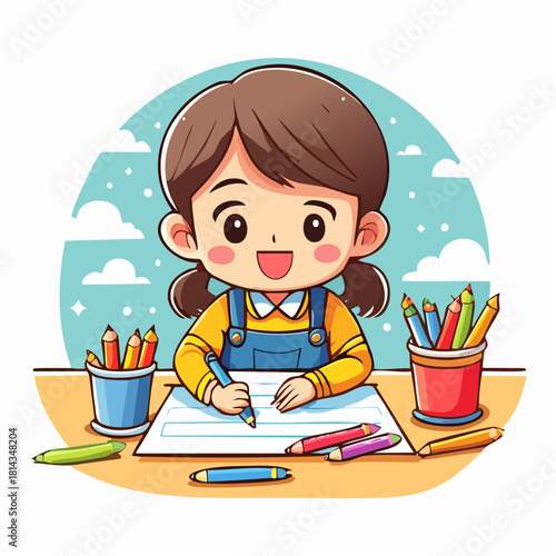 A young girl creating artwork with colored pencils on a desk in a cheerful environment.
