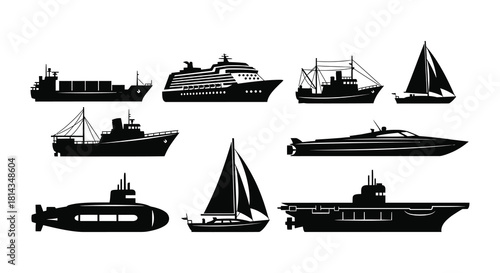 Collection of various black silhouette marine vessels and watercraft illustrations