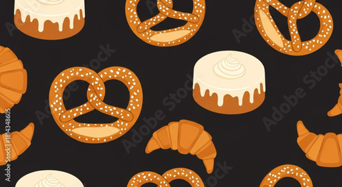 Freshly baked croissants, cakes, and pretzels pattern for bakery promotions and delicious food designs, perfect for tempting customers with tasty treats