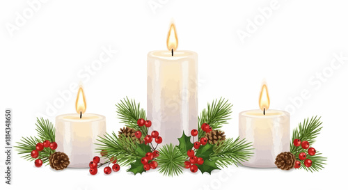 Three lit candles arranged with pine branches red berries and pine cones on a white background scene view