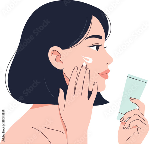 Profile illustration of a young woman applying cosmetic cream to her face.