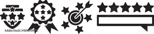 Collection of business success, review, and achievement vector black icons.