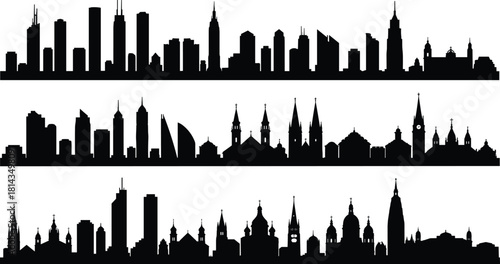 City skyline silhouettes, modern architecture, European buildings, urban landscape, black and white vector, cultural contrast, historic rooftops, travel illustration, cityscape art