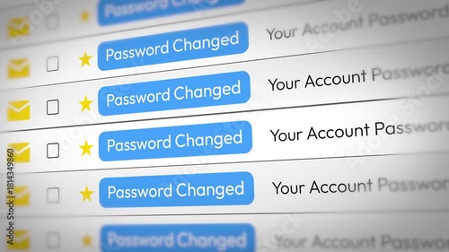 Password Changed email notification list scrolling on the screen close up 4k animation 