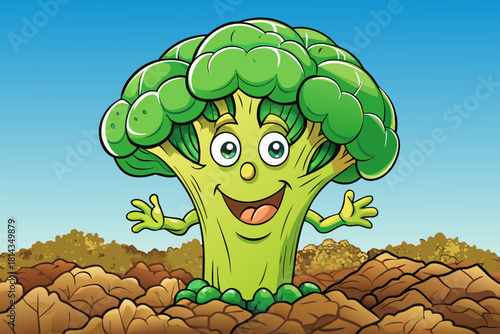 Large broccoli crown rising above cracked brown soil with dense textured florets and thick stalk