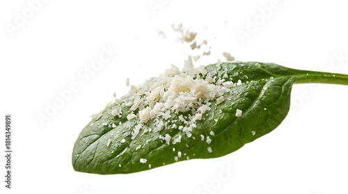 Fresh green spinach leaf with grated parmesan cheese or salt being sprinkled on top, capturing the moment of seasoning on a transparent background.