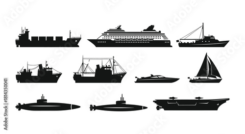 Collection of various black silhouette marine vessels and watercraft illustrations