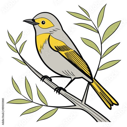 Stylized Yellow and Gray Bird on Branch Vector


