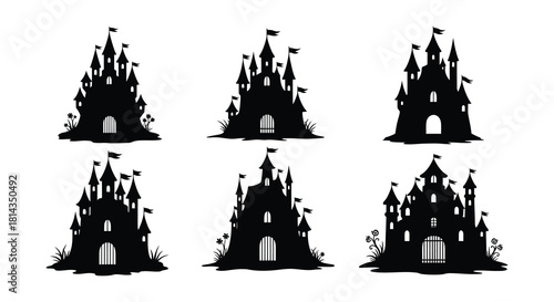 Silhouette collection of fairytale castles with flags and detailed architecture