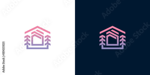 Abstract logo design concept of a minimalist cabin in a pine forest. Modern real estate or home construction branding symbol with a colorful gradient