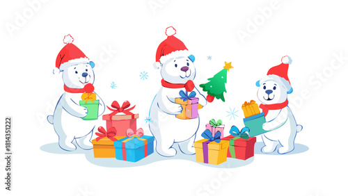 Cartoon polar bear family opening colorful Christmas presents
