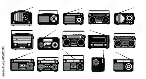 Collection of vintage radios a black and white illustration showcasing different styles