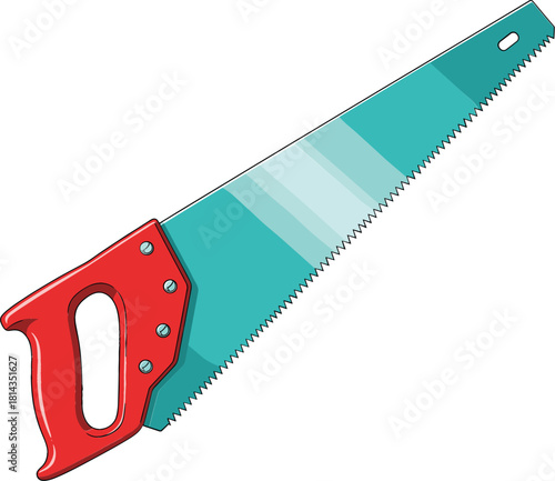 Cartoon Hand Saw Vector Illustration with Bright Turquoise Blade and Red Handle, Classic Carpentry Tool for Woodworking, Construction, and DIY Projects on White Background.