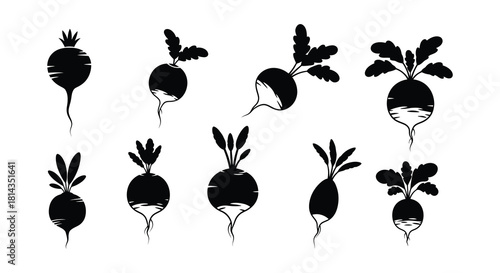 A collection of black and white radish illustrations with leafy tops